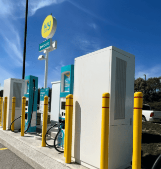 Level 3 electric vehicle chargers in front at ONroute location.